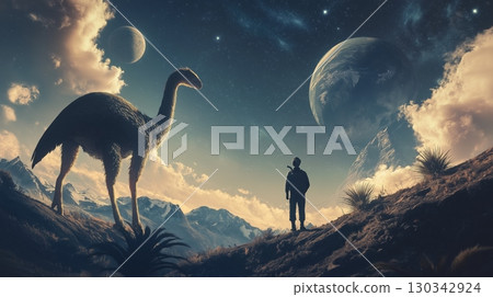 Exploring a surreal landscape with a giant dinosaur under alien skies and multiple moons Exploring a surreal landscape with a giant dinosaur under alien skies and multiple moons 130342924