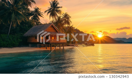 Breathtaking sunset over a tropical beach with a secluded wooden house and lush greenery 130342943