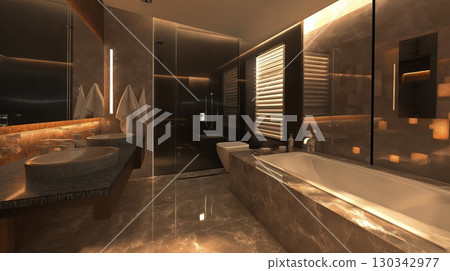 Luxurious modern bathroom interior with a bathtub, shower, and double sink 130342977