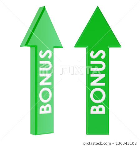 Green Bonus arrows, pointing up. Front and side views. 3D rendering Green Bonus arrows, pointing up. Front and side views. 3D rendering 130343108