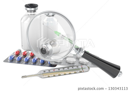 Medical pills, vials, syringe and thermometer with magnifier. 3D rendering 130343113