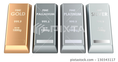 Precious metals bullion set. Gold, palladium, platinum and silver bars. 3D rendering 130343117
