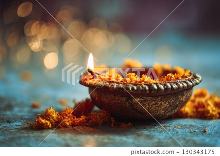 Close-up of a traditional clay diya lamp 130343175