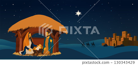 Holy Family Nativity Scene with Baby Jesus in the Hut under the Star of Bethlehem 130343429