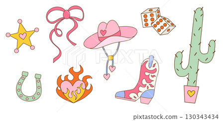 Set of cowgirl design elements. Cowgirl boots, hat, horseshoe, cactus, bow and dice. Female Cowboy western theme, wild west. Vector illustration in flat style. 130343434