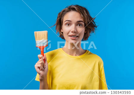 Artist Happy Woman With Brush On Blue. Creative person, fantasy, idea 130343593