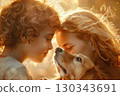 Kids show kindness, hugging dog in warm sunlight. 130343691