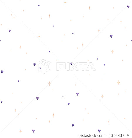Seamless pattern with hand-drawn watercolor featuring yellow orange stars and purple hearts. This charming design repeats beautifully, adding a playful touch to any project. For children's design 130343739