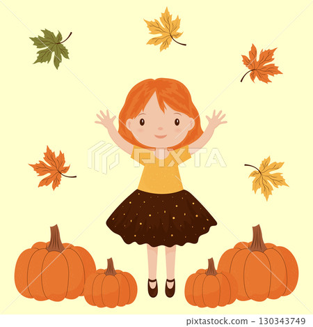 Autumn girl with pumpkins and falling leaves vector illustration. 130343749
