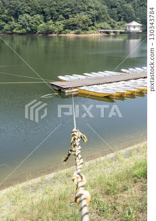 夏日里,漁船排列在恩里亞達湖平靜的水面上 夏日里,漁船排列在恩里亞達湖平靜的水面上 130343784