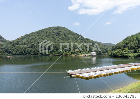 夏日里,漁船排列在恩里亞達湖平靜的水面上 夏日里,漁船排列在恩里亞達湖平靜的水面上 130343785