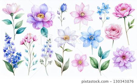 色彩繽紛的花朵水彩插畫集 / 可用於裝飾和背景的華麗花卉素材集 色彩繽紛的花朵水彩插畫集 / 可用於裝飾和背景的華麗花卉素材集 130343876