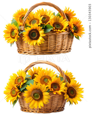 Sunflowers in rustic wicker basket, cheerful yellow floral arrangement isolated, perfect for home decor or gift concept 130343903