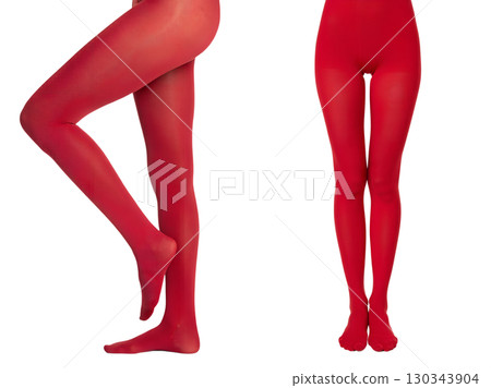 Vibrant red opaque tights, stylish legwear isolated on white background, fashion apparel and hosiery concept 130343904