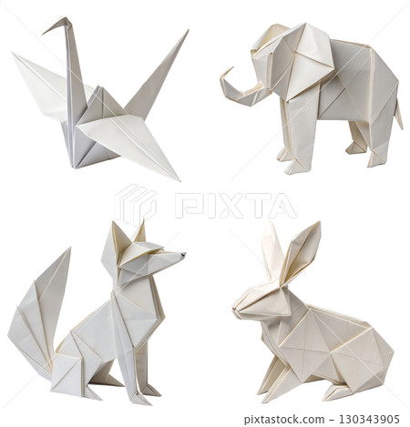 Origami animal set featuring crane, elephant, fox and rabbit, paper craft art isolated on transparent background 130343905