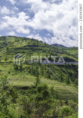 夏季白根山的崎嶇山勢與翠綠植被形成鮮明對比 夏季白根山的崎嶇山勢與翠綠植被形成鮮明對比 130343907