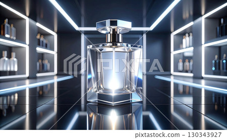 Luxury fragrance packaging presented in a minimalist, sci-fi space Luxury fragrance packaging presented in a minimalist, sci-fi space 130343927
