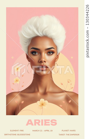 Aries zodiac depicted as woman with white fluffy hair. Female ram astrological horoscope sign infographics design 130344226