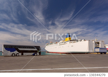 Ferry and tour bus in Heraklion port in Heraklion Greece Ferry and tour bus in Heraklion port in Heraklion Greece 130344270