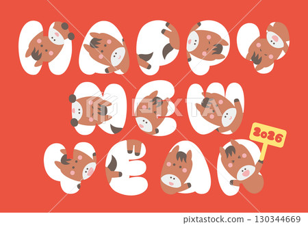 New Year's card material: Cute horse character for the Year of the Horse. New Year's postcard template (peeking horse) 130344669