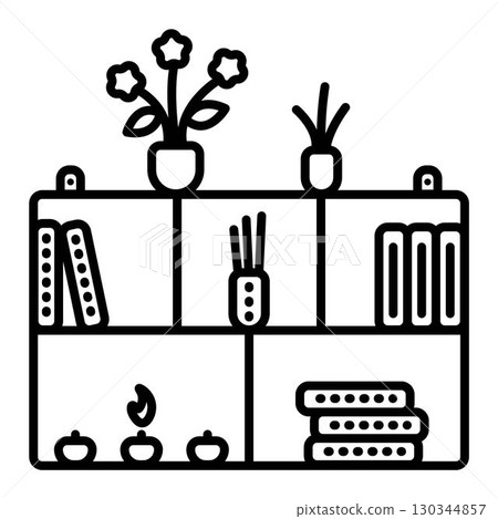 Wall shelf for small objects: books, candles, plants. Vector black line illustration, outline monochrome sign Wall shelf for small objects: books, candles, plants. Vector black line illustration, outline monochrome sign 130344857