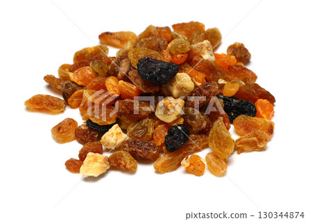 Mix of nuts and dried fruits isolated on a white background. 130344874