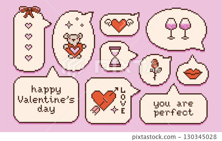 Set of pixel art dialogue boxs, hearts, wineglasses, teddy bear. Speech bubbles in the mood of 90s aesthetics. Vector 8-bit retro style illustration with greeting words Set of pixel art dialogue boxs, hearts, wineglasses, teddy bear. Speech bubbles in the mood of 90s aesthetics. Vector 8-bit retro style illustration with greeting words 130345028