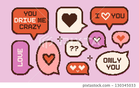 Valentines day text speech bubbles set in vintage PC pixelated style. Vector isolated elements. 14 February icons, message chats, conversation frames. Pixel art 8 bit design. Grungy rough design Valentines day text speech bubbles set in vintage PC pixelated style. Vector isolated elements. 14 February icons, message chats, conversation frames. Pixel art 8 bit design. Grungy rough design 130345033