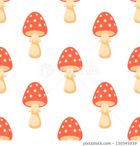 Amanita Mushroom Vector Seamless Pattern. Cartoon Red Amanita Mushroom on White Background. Forest Background. Poisonous Mushroom Fabric. Amanita Nature Decor, Woodland Print Design 130345039