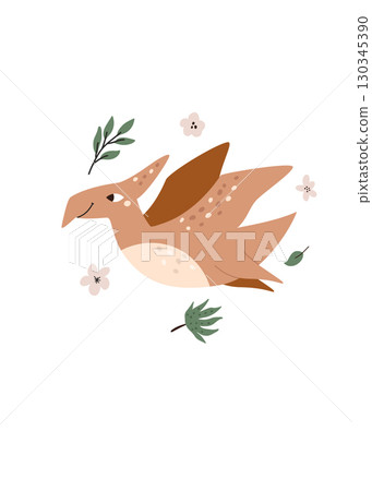 Cute Flying Pterodactyl Dinosaur with Flowers and Leaves 130345390