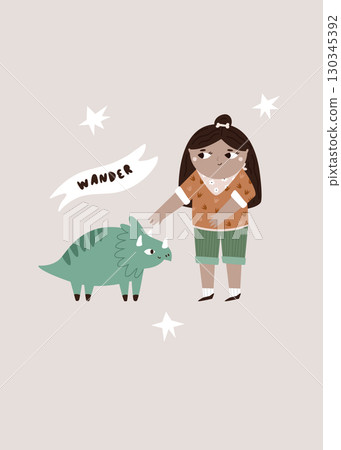 Cute Girl Explorer with Baby Dinosaur Triceratops Illustration 130345392