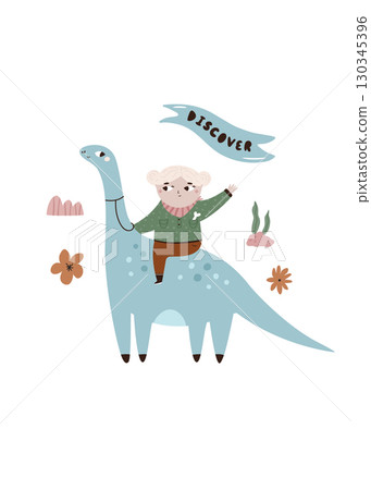 Cute Girl Riding Dinosaur Illustration with Adventure Theme 130345396
