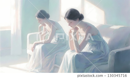 Illustration of an introspective woman and her other self: Facing oneself 130345716