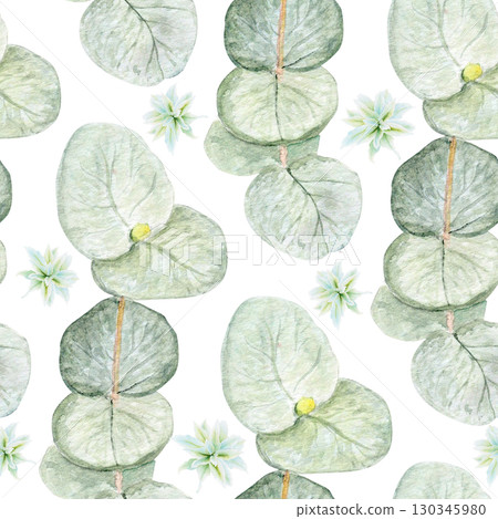 Eucalyptus branch with round leaves and flowers watercolor seamless pattern on white background. Hand-painted art ideal for textile, natural cosmetics branding, packaging, fabric, eco decor Eucalyptus branch with round leaves and flowers watercolor seamless pattern on white background. Hand-painted art ideal for textile, natural cosmetics branding, packaging, fabric, eco decor 130345980