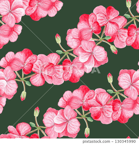 Pink geranium flowers and buds waves seamless watercolor pattern on dark green background. Hand-painted floral design, perfect for fabric prints, gift wrapping, wallpapers, stationery, and wedding 130345990