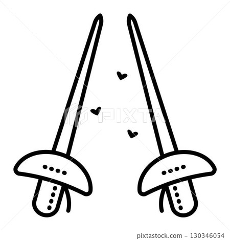 Two swords, black line icon, love to fencing. Vector monochrome illustration Two swords, black line icon, love to fencing. Vector monochrome illustration 130346054