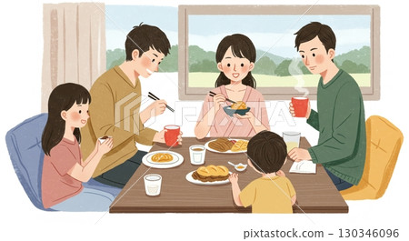 The best family meal ever! Flat design family meal scene The best family meal ever! Flat design family meal scene 130346096