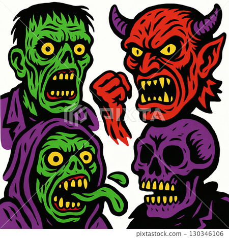 Colorful zombie, demon, skull, and monster faces with bold lines and expressive, scary emotions 130346106