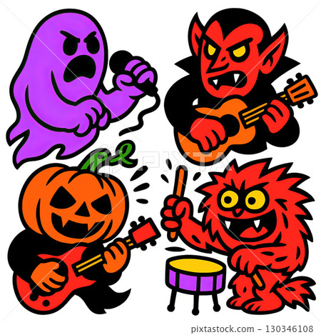 Purple ghost, red vampire, pumpkin head, and red monster play music together fun Halloween band 130346108