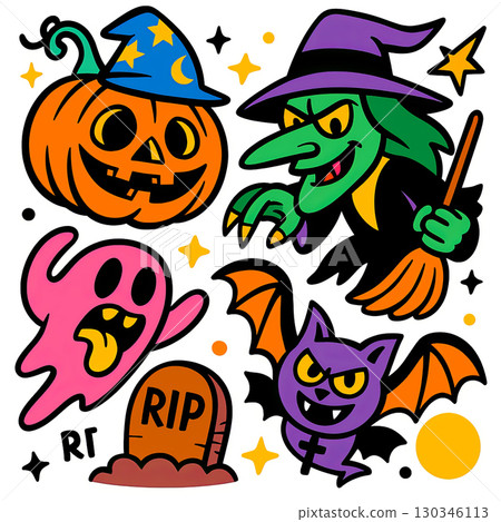 Halloween pumpkin, witch, ghost, bat, and gravestone cartoon illustration with playful Halloween pumpkin, witch, ghost, bat, and gravestone cartoon illustration with playful 130346113