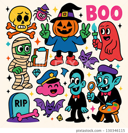 Halloween cartoon illustration with pumpkin, mummy, ghost, vampire, bat, and tombstone Halloween cartoon illustration with pumpkin, mummy, ghost, vampire, bat, and tombstone 130346115