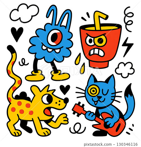 Blue monster angry drink yellow dog blue cat cartoon playful doodle music Blue monster angry drink yellow dog blue cat cartoon playful doodle music 130346116