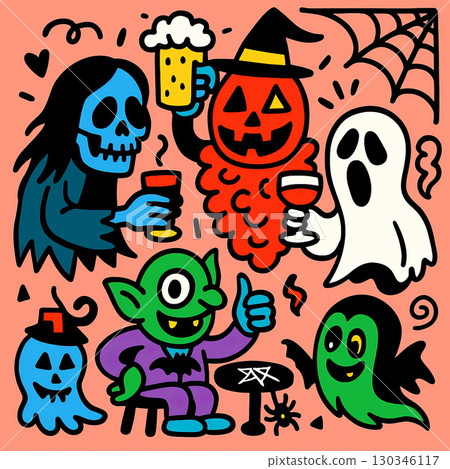 Halloween party cartoon pumpkin head ghost goblin witch drinking cheerful colorful illustration 130346117