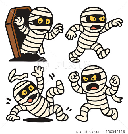Cartoon mummy character, comic style, running, surprised, angry, playful, Halloween theme Cartoon mummy character, comic style, running, surprised, angry, playful, Halloween theme 130346118