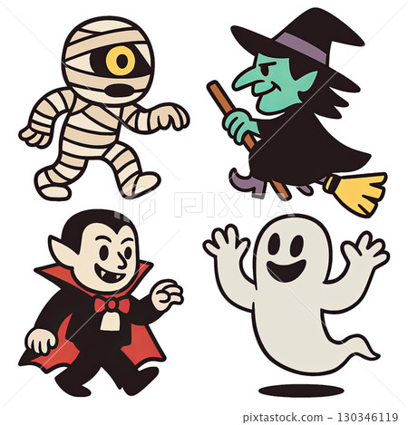 Cartoon mummy witch vampire ghost Halloween costume spooky fun happy celebration Cartoon mummy witch vampire ghost Halloween costume spooky fun happy celebration 130346119