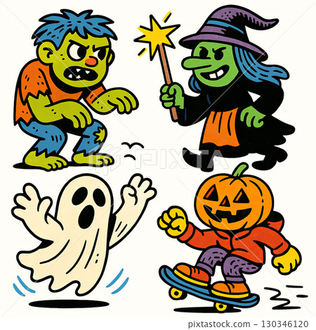 Cartoon zombie, witch, ghost, and pumpkin character in Halloween costumes, playful and fun style Cartoon zombie, witch, ghost, and pumpkin character in Halloween costumes, playful and fun style 130346120