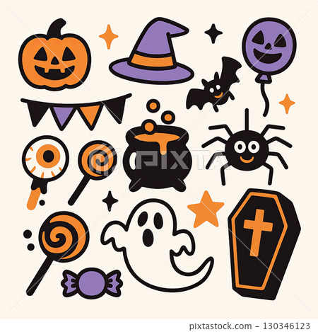 Halloween pumpkin witch hat ghost spider bat coffin cauldron lollipop balloon Halloween pumpkin witch hat ghost spider bat coffin cauldron lollipop balloon 130346123