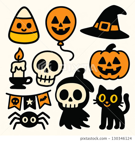 Halloween candy pumpkin balloon witch hat skull candle ghost cat spider festive 130346124