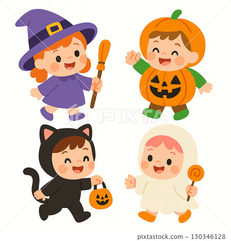 Children Halloween costume witch pumpkin cat ghost happy cartoon holding candy playful 130346128