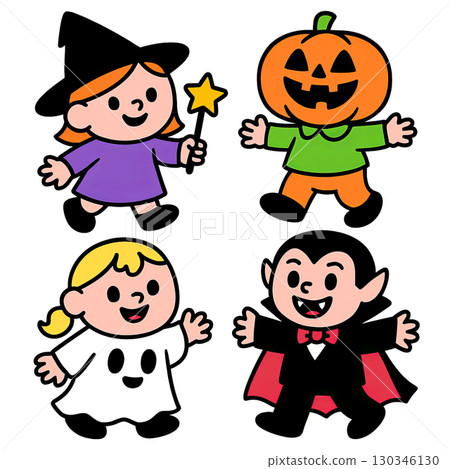 Children in witch, pumpkin, ghost, and vampire costumes, smiling and celebrating Halloween 130346130